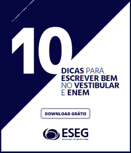 imagem metade em diagonal azul escura e branca e texto 10 dicas para escrever bem no vestibular e enem, abaixo o logo da ESEG